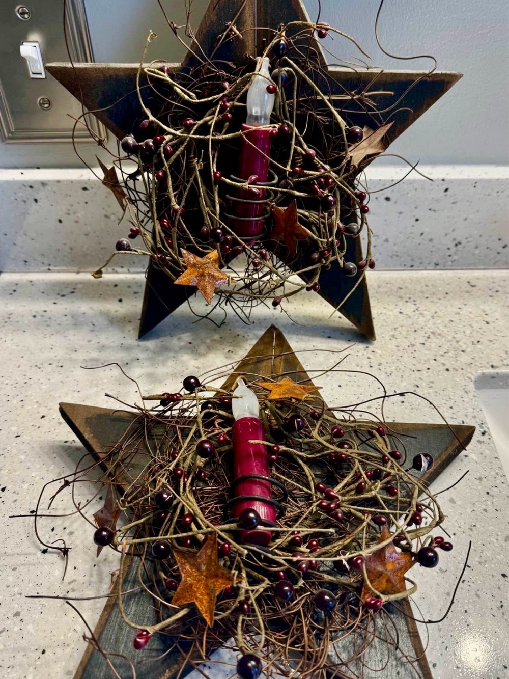 Pair of 2 Rustic wooden Star Candle wall decor with pip Berry/star Accents